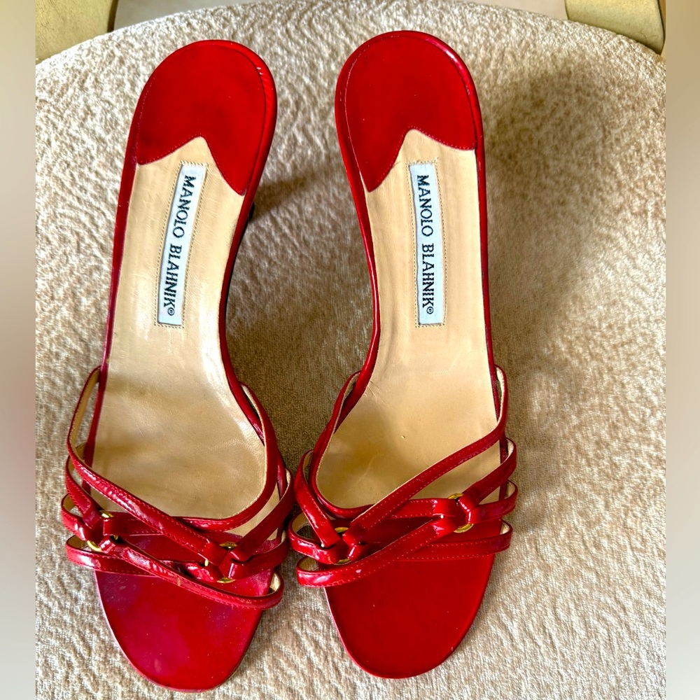 Manolo Blahnik Red Strappy Kitten Heels Size 39 1/2